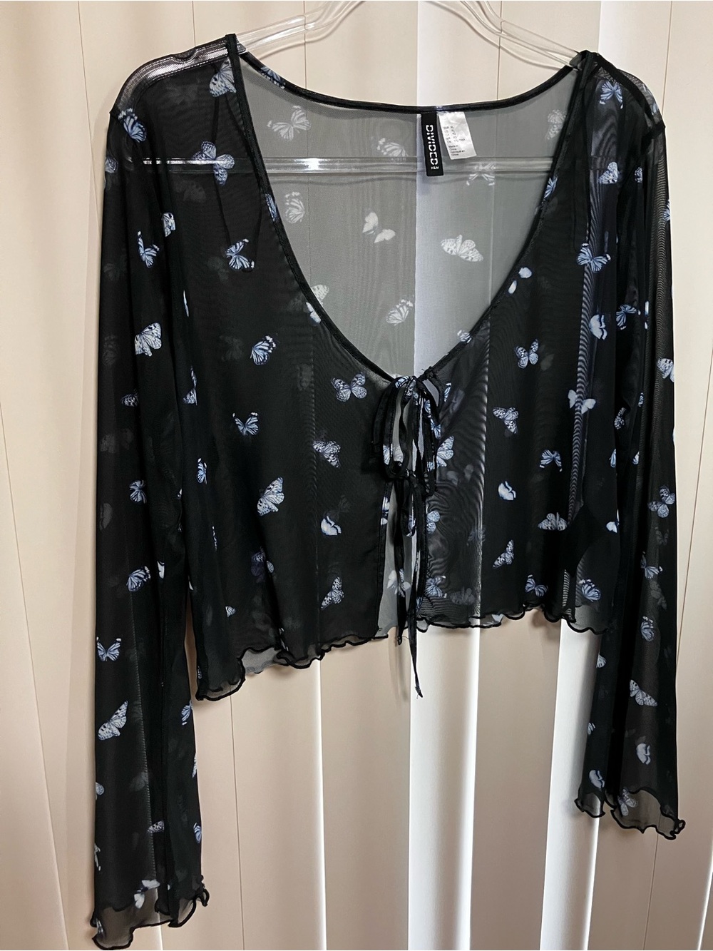 H&M Black Sheer Long-Sleeve Tie-Front Butterfly Top